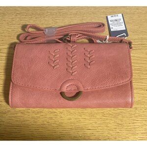 Universal Thread Ring Embroidery Crossbody Bag Rose Pink Pebbled Faux Leather